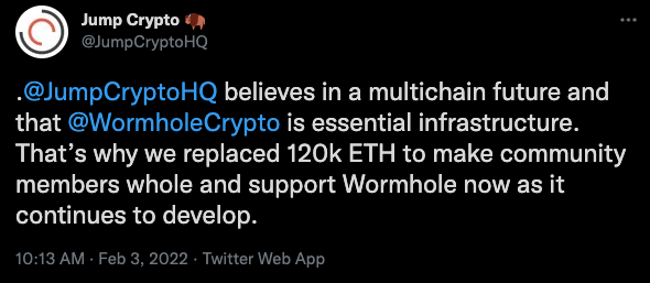Jump Crypto Replaces Over $320M of Wormhole Wrapped ETH in DeFi Bailout -  The Defiant